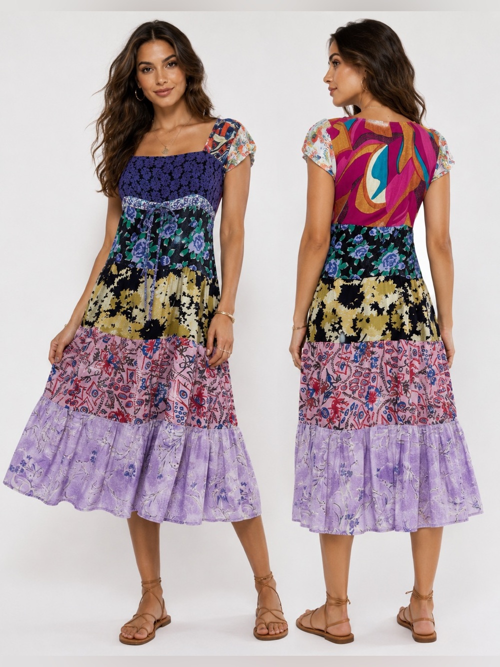 Y2K Sacred Threads Colorful print-block Tiered midi Dress Rayon India Size S